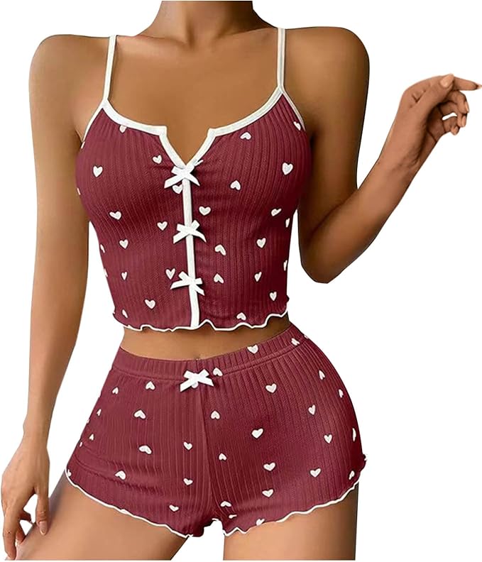 HEART PRINT RIBBED FRILL TRIM PAJAMA SET