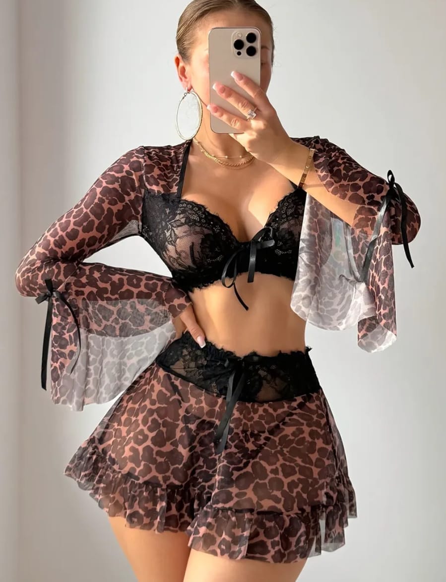 3pcs Leopard Lace Bow Lingerie