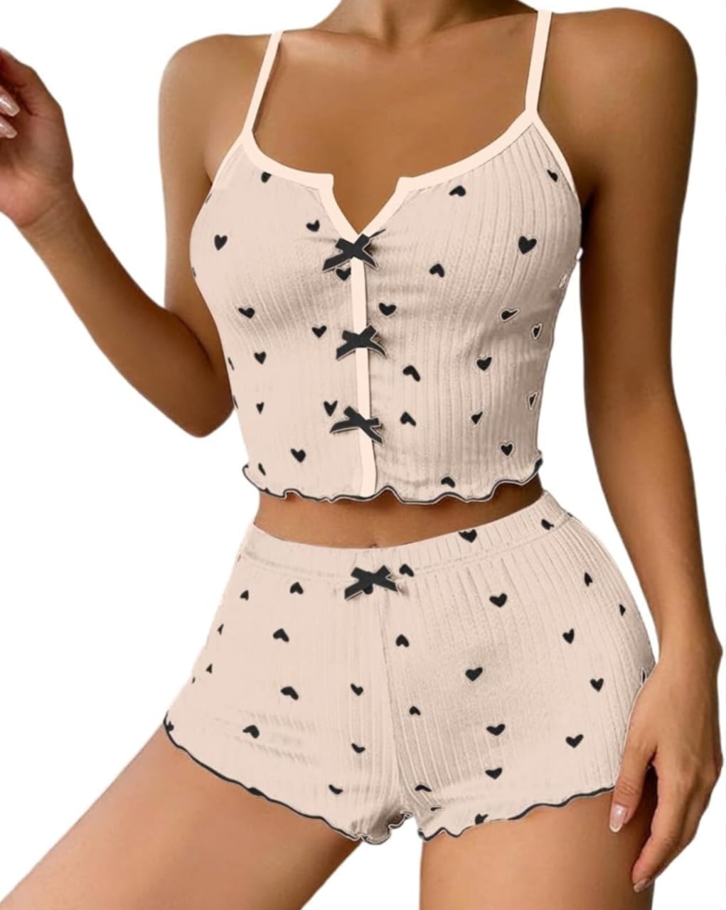 HEART PRINT RIBBED FRILL TRIM PAJAMA SET
