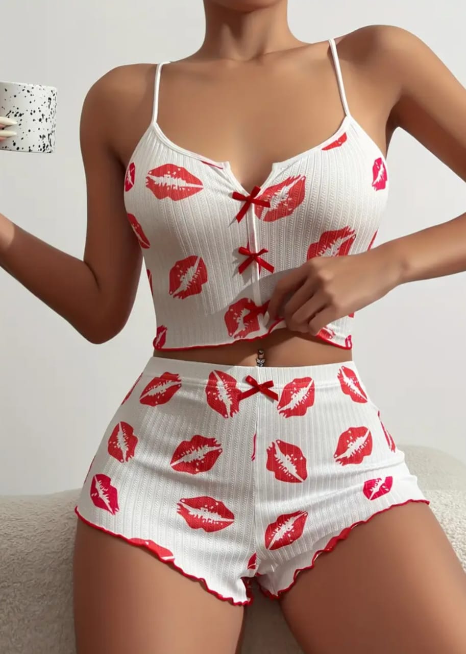 HEART PRINT RIBBED FRILL TRIM PAJAMA SET