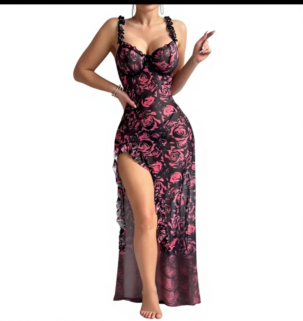 rose print sheer dress(25007)